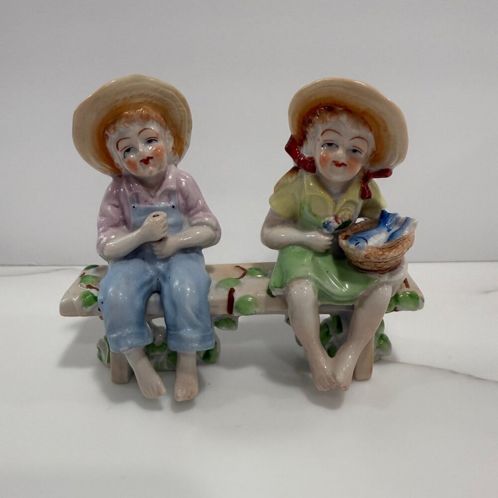 VTG Porcelain Boy Girl on Bench Fishing Figurine 5" Country Chic‎ Cabincore Farm